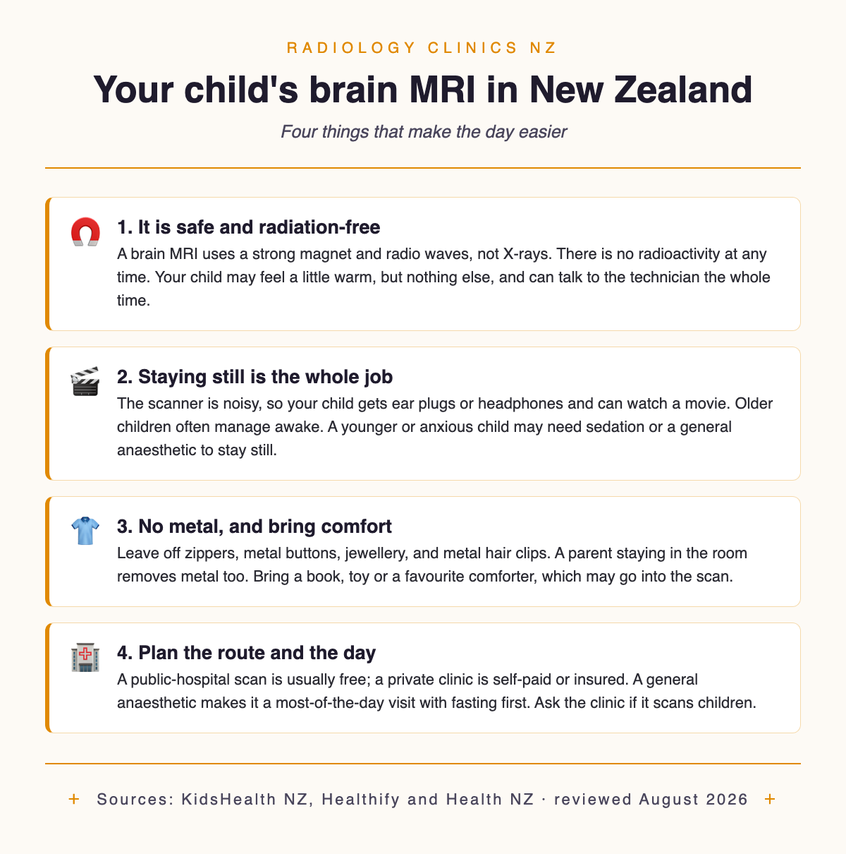 Four facts about a child's brain MRI in New Zealand: it is safe and radiation-free, staying still is the whole job, no metal and bring comfort items, and plan the public or private route and the day