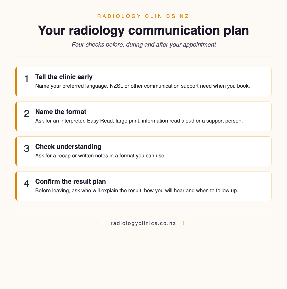 Four-step radiology communication plan: tell the clinic early, name the format, check understanding and confirm the result plan