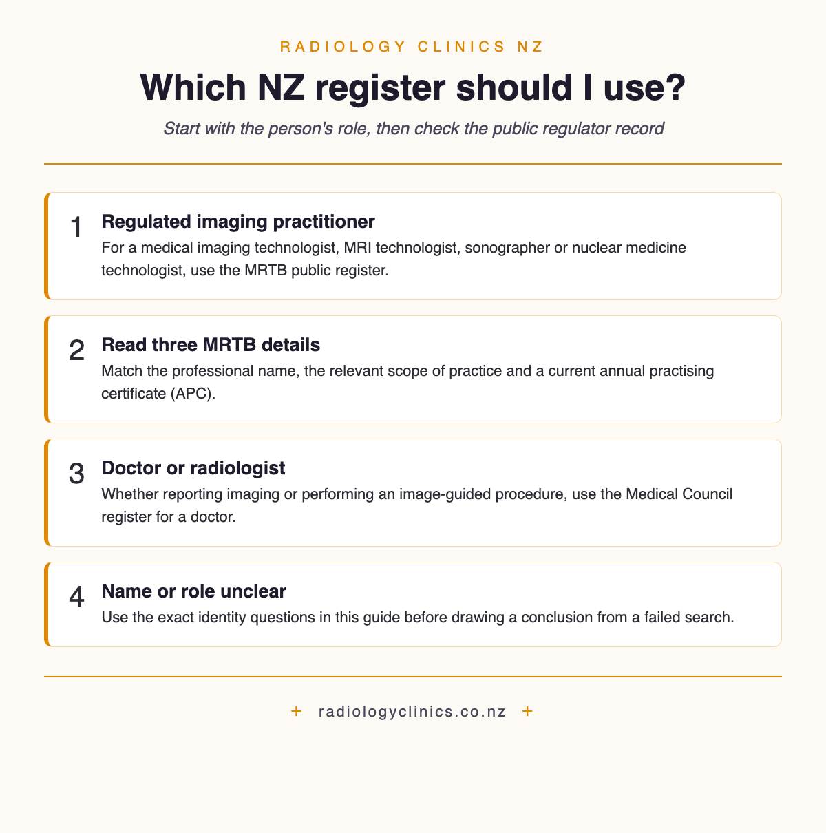 Role-based guide showing when to use the MRTB register or Medical Council register for radiology staff