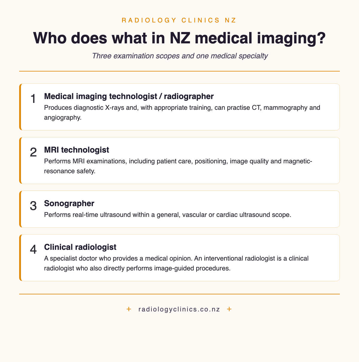 Four New Zealand medical imaging scope categories, with interventional radiology shown within the clinical radiologist category